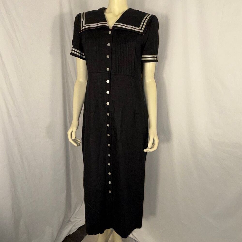 Vintage 90s Jessica Howard Petite Black Linen Blend Sailor Midi Dress Nautical P - Picture 11 of 16